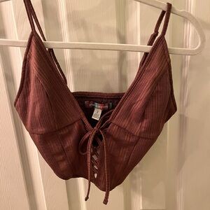 Brown Lace-Up Ribbed Crop Top